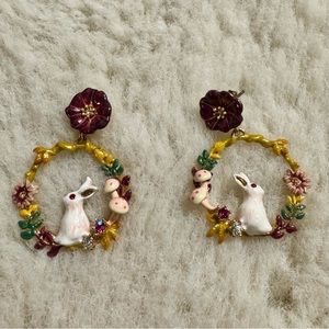 Bunny Rabbit on Flower Mushroom Wreath Earrings